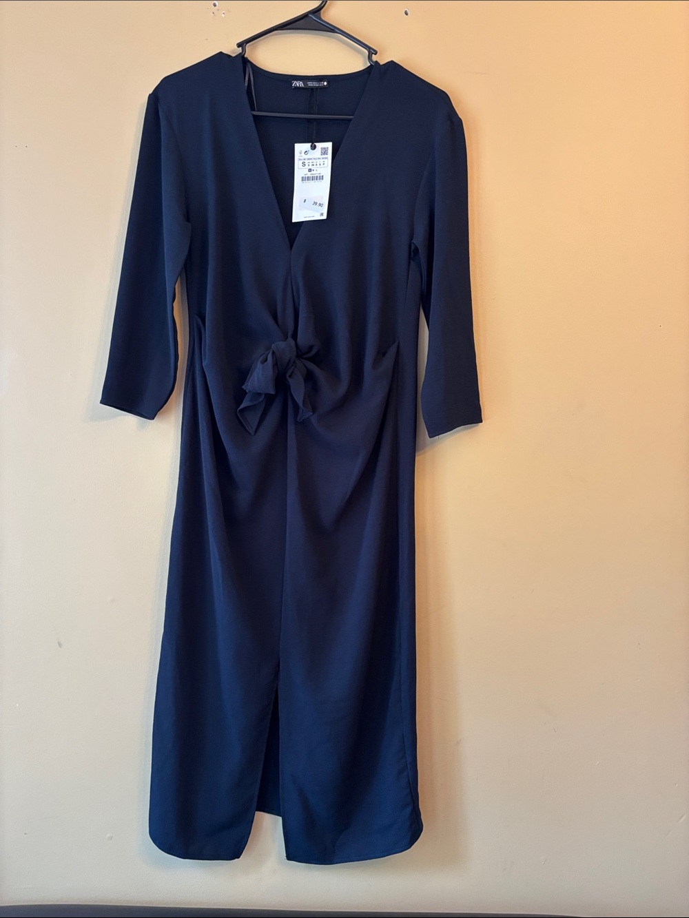 ZARA Navy Tie-Waist Midi Dress